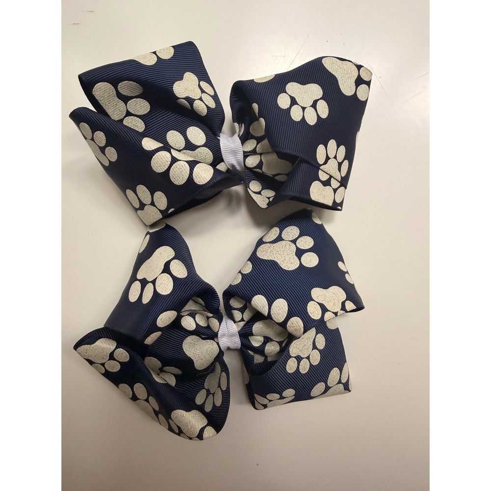 Navy Blue Paw Print Glitter Hair Bows Set of 2 Alligator Clips 5 Inch Boutique